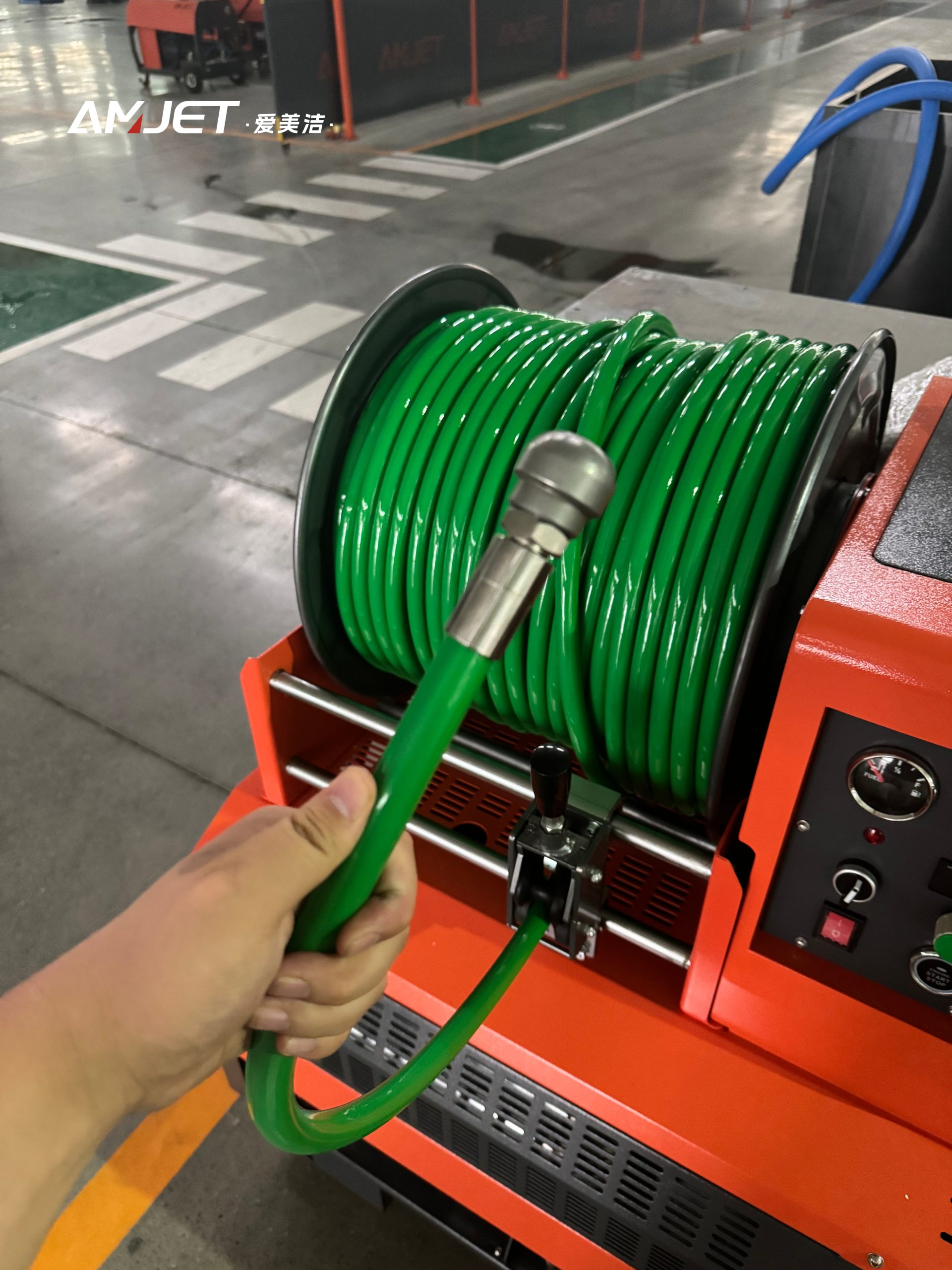 Amjet green thermoplastic core hose is ideal for truck and trailer mounting reel installations